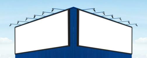 Two mock up white background billboard on blue building with spot light photo