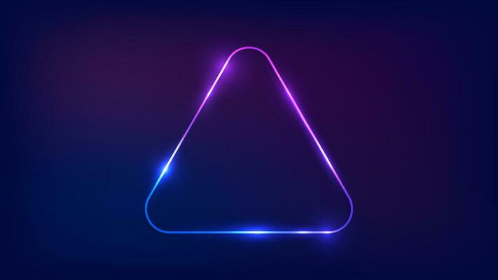 Neon rounded triangle frame with shining effects on dark background. Empty glowing techno backdrop. Vector illustration.