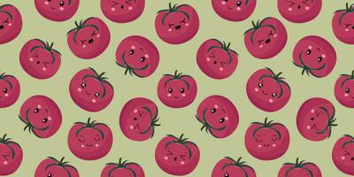 Seamless pattern with Cute tomato fruits in kawaii stele. Funny vegetable in cartoon style. For packaging and web design. Vector