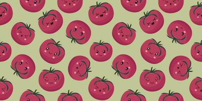 Seamless pattern with Cute tomato fruits in kawaii stele. Funny vegetable in cartoon style. For packaging and web design. Vector