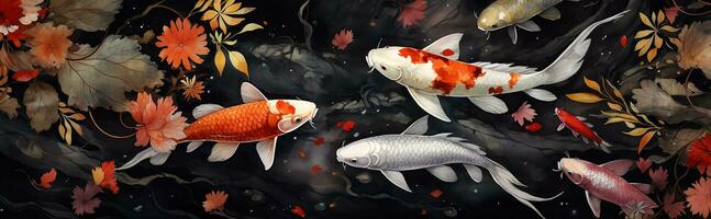 watercolor drawing of a dark pond with red koi fish. horizontal banner with Japanese colored carp swimming in a pond. AI generated photo
