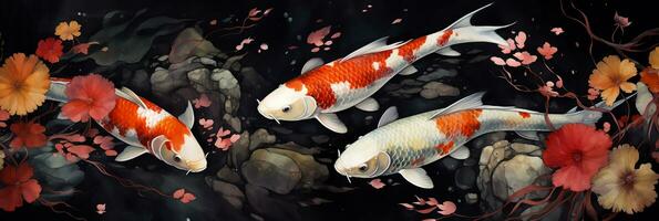 watercolor drawing of a dark pond with red koi fish. horizontal banner with Japanese colored carp swimming in a pond. AI generated photo