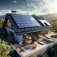 fotorrealista imagen de un casa con solar paneles en el techo. verde energía. ai generado foto