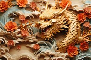 Golden dragon with flowers. Dragon is a symbol of the New Year 2024. Chinese New Year photo