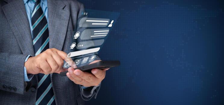 Person use customer service and support live chat with chatbot and automatic messages, Artificial intelligence, and CRM software technology. AI Chatbot smart digital customer service application. photo