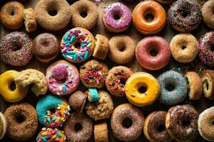Delicious donuts of multicolored sweet doughnuts with sprinkle. Generative Ai Pro Phot photo
