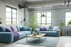 Modern industrial loft living room home interior. Generative Ai Pro Photo