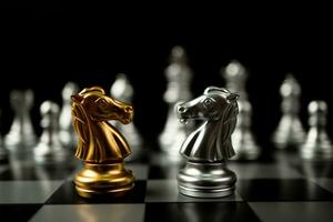 Golden and silver horse chess pieces Invite face to face and There are silver chess pieces in the background. Concept of competing, leadership and business vision for a win in business games photo