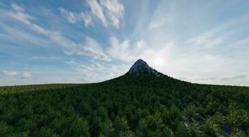 The sharp-shaped mountain is surrounded by a dense forest of lush trees with a backdrop of the sky and clouds. 3d rendering. photo