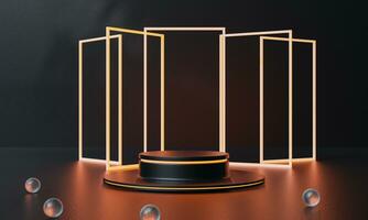 Black podium and black background stand or podium advertising display light emission. 3D rendering. photo