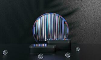 Black podium and black background stand or podium advertising display light emission. 3D rendering. photo
