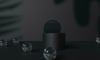Black podium and black background stand or podium advertising display light emission. 3D rendering. photo