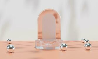 Podium with colorful pastel background and tree or leaf stand on advertising display. 3D rendering. photo