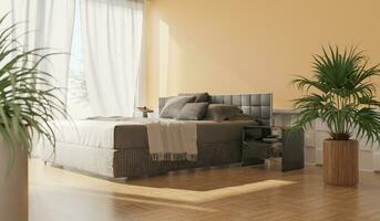 The bedroom walls light shines through windows. overlooking trees outside give a warm atmosphere. 3d rendering. photo