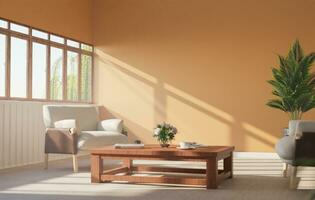 The light from the outside hit the wall of the room and the chairs and coffee table located inside. give a warm atmosphere.3d rendering. photo