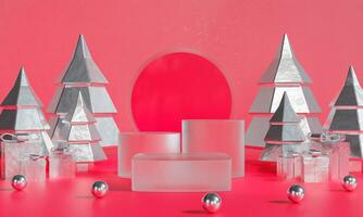 Christmas podium for branding and packaging presentation. Product display with gift boxes, Christmas showcase. Cosmetic and fashion. 3d rendering. photo