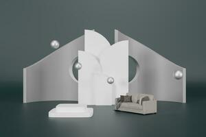 The product showcase is enhanced by a set of geometric shapes that complement the podium and sofa set.3d rendering. photo