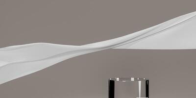 White fabric flying wave and podium. Luxury background for branding and product presentation. 3d rendering illustration. photo