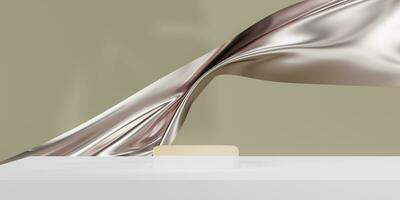 Silver color podium on silver fabric flying wave. Luxury background for branding and product presentation. 3d rendering illustration. photo