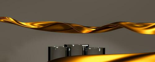 Gold color podium on gold fabric flying wave. Luxury background for branding and product presentation. 3d rendering illustration. photo