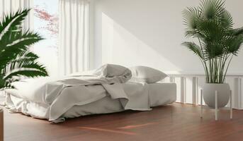 The bedroom walls light shines through windows. overlooking trees outside give a warm atmosphere. 3d rendering. photo