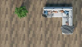 Top view, a sofa set with plants placed on a wooden floor in the living room.3d rendering. photo