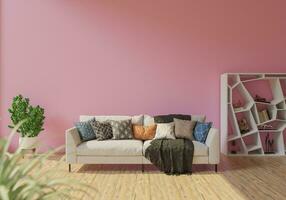 The light from the outside hit the wall of the room and the sofa located inside. give a warm atmosphere.3d rendering. photo