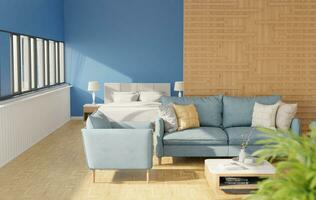 The bedroom and living room inside the house have walls decorated with wood and sunlight shining in from the side windows of the house, giving a warm feeling. 3d rendering. photo