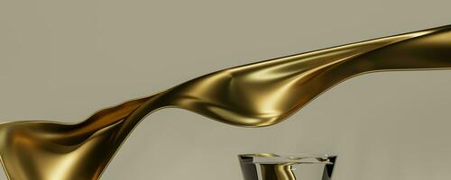 Podium and gold fabric flying wave. Luxury background for branding and product presentation. 3d rendering illustration. photo