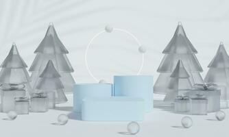 Christmas podium for branding and packaging presentation. Product display with gift boxes, Christmas showcase. Cosmetic and fashion. 3d rendering. photo