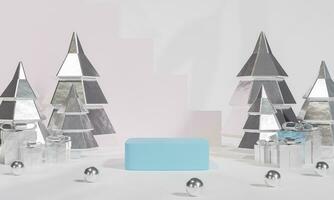 Christmas podium for branding and packaging presentation. Product display with gift boxes, Christmas showcase. Cosmetic and fashion. 3d rendering. photo