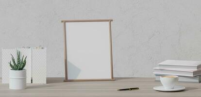 A desk, table frame, coffee, books, pens, and decorations are placed on the table. 3d rendering. photo