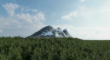 el de forma afilada nieve montaña es rodeado por un denso bosque de lozano arboles con un fondo de el cielo y nubes 3d representación. foto