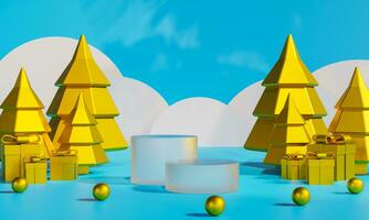 Christmas podium for branding and packaging presentation. Product display with gift boxes, Christmas showcase. Cosmetic and fashion. 3d rendering. photo