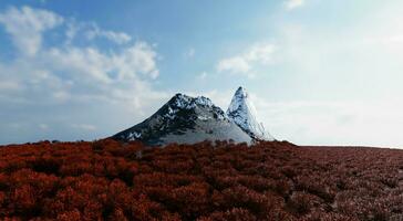 The sharp-shaped mountain is surrounded by a dense forest of lush trees with a backdrop of the sky and clouds. 3d rendering. photo