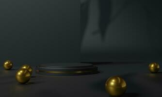Black podium and black background stand or podium advertising display light emission. 3D rendering. photo