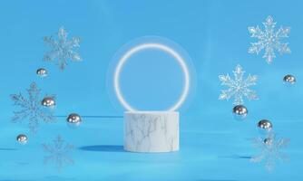 Christmas podium for branding and packaging presentation. Product display with gift boxes, Christmas showcase. Cosmetic and fashion. 3d rendering. photo