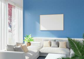 The light from the outside hit theframe on wall of the room and the sofa located inside. give a warm atmosphere.3d rendering. photo
