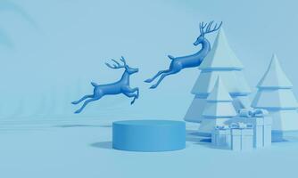 Christmas podium for branding and packaging presentation. Product display with gift boxes, Christmas showcase. Cosmetic and fashion. 3d rendering. photo