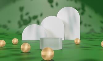 Podium with colorful pastel background and tree or leaf stand on advertising display. 3D rendering. photo