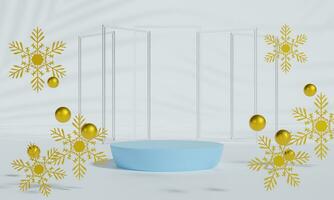 Christmas podium for branding and packaging presentation. Product display with gift boxes, Christmas showcase. Cosmetic and fashion. 3d rendering. photo