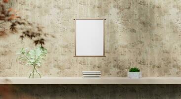 Frame on wall texture mockup with green plant,Green wall and shelf. 3D rendering. photo