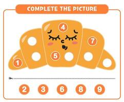 Educational game for kids, math activity worksheet. Fill in the missing numbers in cute croissant vector