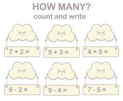 Math game for kids. Count and write with cute cloud. Printable worksheets. vector