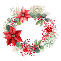 Watercolor christmas wreath with poinsettia flower and fir branches Ai Generative png