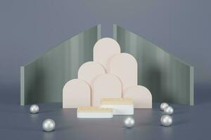 3d rendering  A white cylindrical podium is decorated with a geometric wall in the form of a showcase platform on a color background. photo