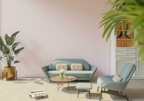 The light from the outside hit the wall of the room and the sofa located inside. give a warm atmosphere.3d rendering. photo