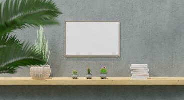 Frame on wall texture mockup with green plant,Green wall and shelf. 3D rendering. photo