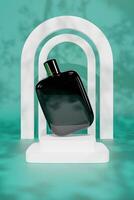 3d rendering A  cosmetics green color background. The concept of natural cosmetics. Mockup. photo