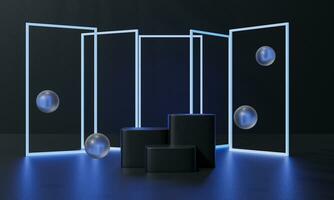 Black podium and black background stand or podium advertising display light emission. 3D rendering. photo